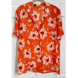 Vintage Hawaiian Shirt Flowy Button Up Down Short Sleeve Floral Orange Collar M